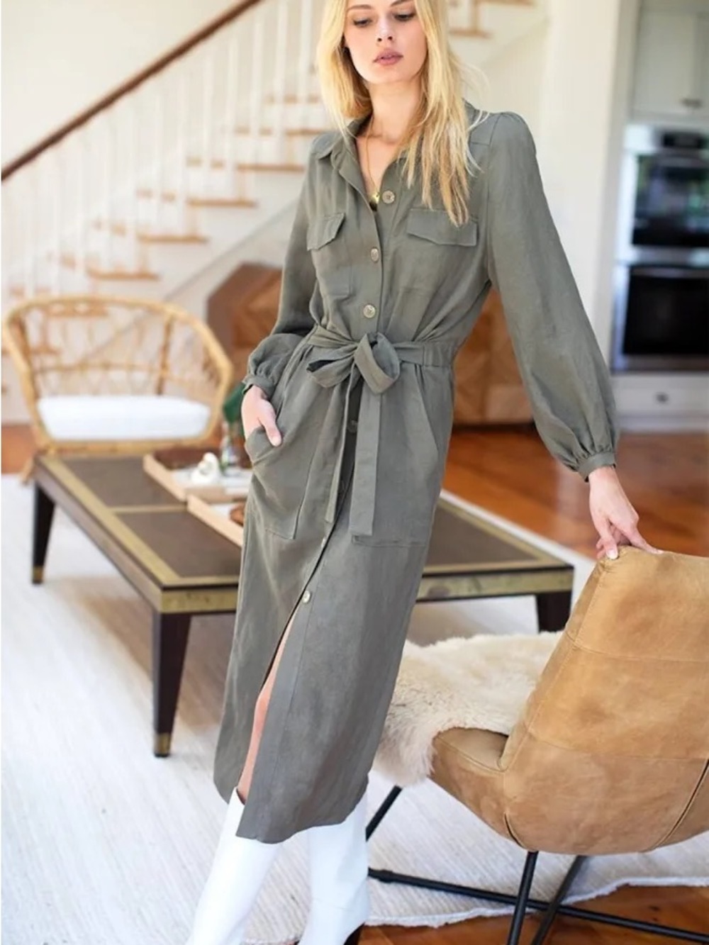 Emerson Fry Olive Utility Maxi Dress with Tie Waist